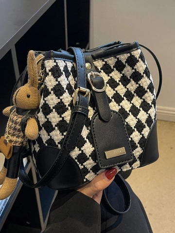 Borsa a Secchiello Vintage in Tessuto Pied de Poule per Donna in Pelle PU Piccola Borsa a Tracolla Con Ciondolo a Coniglio