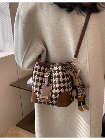 Borsa a Secchiello Vintage in Tessuto Pied de Poule per Donna in Pelle PU Piccola Borsa a Tracolla Con Ciondolo a Coniglio
