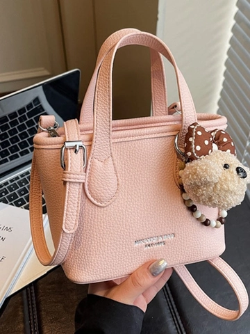 Bolso Ecto de Mujer Moda Simple Cuero PU Patrón Lichi Bolso Bandolera Mano Con Correa Desmontable y Colgante Oso Felpa
