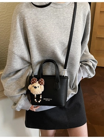 Bolso Ecto de Mujer Moda Simple Cuero PU Patrón Lichi Bolso Bandolera Mano Con Correa Desmontable y Colgante Oso Felpa