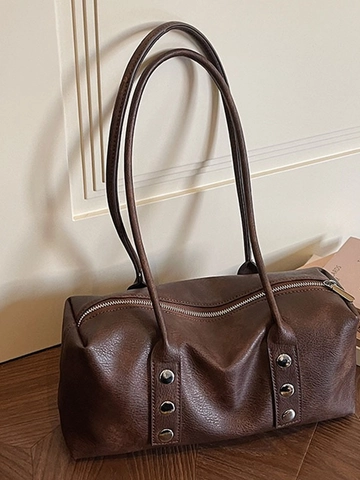 Bolso Tote de Cuero PU Vintage para Mujer Decoración de Remaches Minimalista Bolso de Hombro Retro Conmutador Gran Capacidad