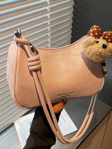 Sac Bandoulière Hobo en Cuir PU pour Femmes Sac Demi-Lune Minimaliste Avec Bandoulière à Nœud Pendentif Ours en Peluche Sac Dumpling