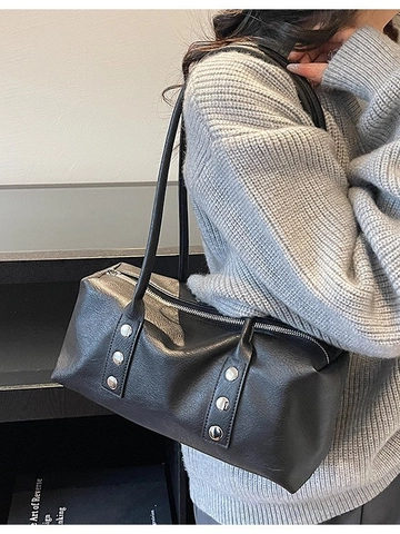 Bolso Tote de Cuero PU Vintage para Mujer Decoración de Remaches Minimalista Bolso de Hombro Retro Conmutador Gran Capacidad