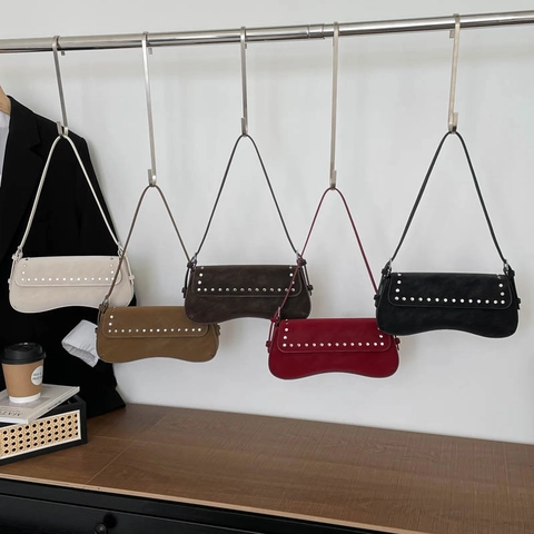 Bolso de Hombro de Cuero PU Vintage para Mujer Bolso de Mano Casual Elegante Diario con Decoración de Remaches
