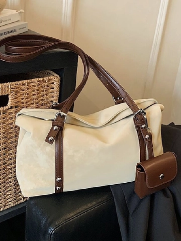 Large Capacity PU Leather Shoulder Bag For Women Vintage Matte Suede Texture Tote Bag With Detachable Small Pouch