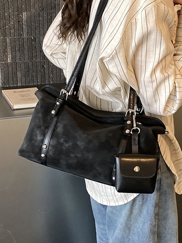 Large Capacity PU Leather Shoulder Bag For Women Vintage Matte Suede Texture Tote Bag With Detachable Small Pouch