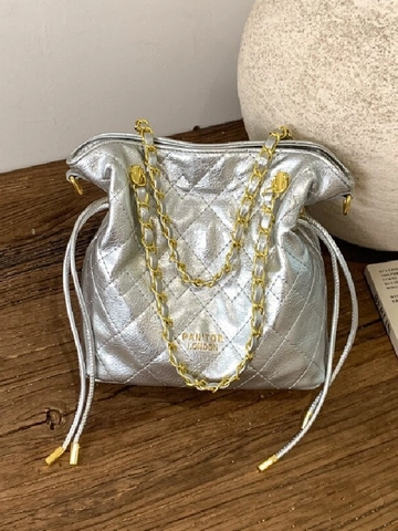 Damen Gesteppt Kette Beuteltasche Elegant Glänzend PU Leder Kordelzug Umhängetasche Minimalistisch Vielseitig Handtasche Für Alltag