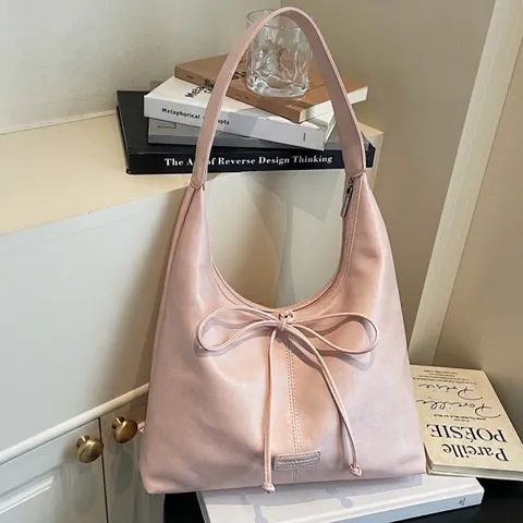 Ensemble Sac Cabas en Cuir PU Rétro pour Femmes Grande Capacité avec Nœud Sac à Épaule Hobo Souple pour Trajet Quotidien Travail Voyage