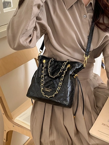 Damen Gesteppt Kette Beuteltasche Elegant Glänzend PU Leder Kordelzug Umhängetasche Minimalistisch Vielseitig Handtasche Für Alltag