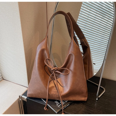 Ensemble Sac Cabas en Cuir PU Rétro pour Femmes Grande Capacité avec Nœud Sac à Épaule Hobo Souple pour Trajet Quotidien Travail Voyage