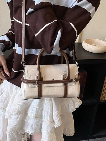 Bolso de Mano Vintage de Cuero PU para Mujer Con Costuras en Contraste Hebilla de Metal Cinturón Decorativo Retro