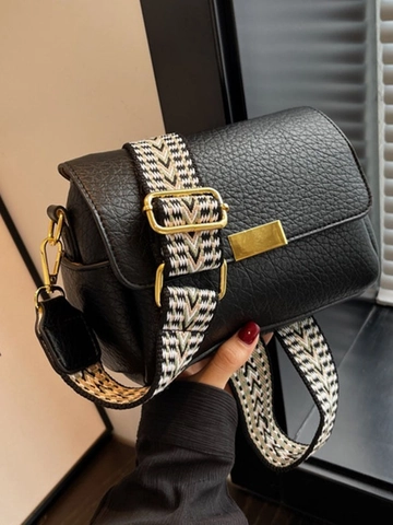 Dames Retro PU Leer Crossbody Tas Mode Brede Geweven Band Schouder Vierkante Tas Lychee Patroon Gouden Metalen Gesp Tas