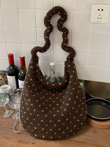 Bolso Tote de Peluche de Gran Capacidad para Mujer Bolso de Hombro de Lana de Cordero Correa Ondulada Retro Lunares Paisley
