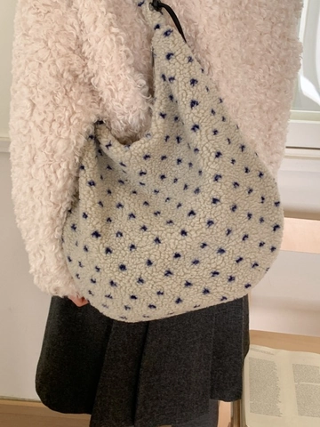 Bolso Tote de Peluche de Gran Capacidad para Mujer Bolso de Hombro de Lana de Cordero Correa Ondulada Retro Lunares Paisley