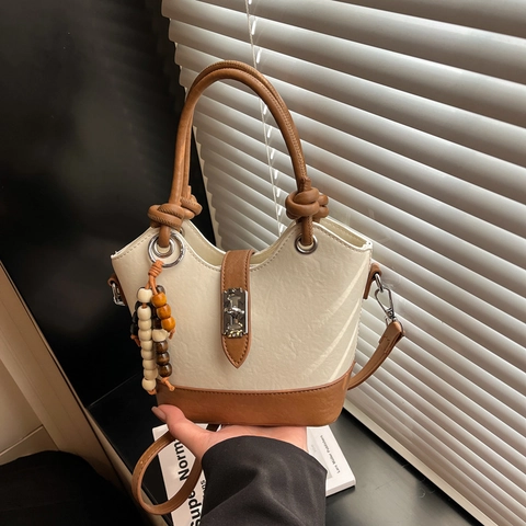 Vintage PU Leather Bucket Bag For Women Fashion Large Capacity Color Block Crossbody Bag With Wooden Bead Charm Handbag