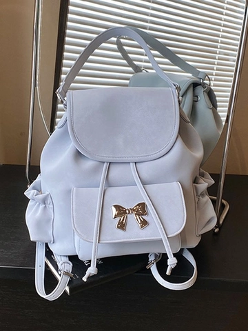 Zaino da Donna in Pelle PU con Decorazione Fiocco in Metallo Coulisse Patta Borsa Scuola per Viaggio Quotidiano Ragazza
