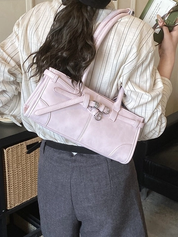 Bolso de Hombro de Axila de Cuero PU Vintage para Mujer Gran Capacidad Color Sólido Bolso Casual con Hebilla Decorativa