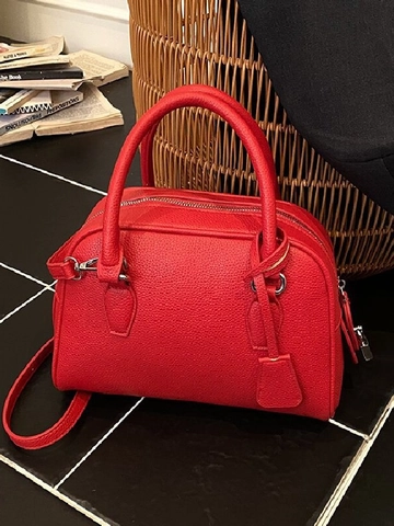 Dames Litchi Patroon PU Leer Boston Tas Minimalistische Handtas Schoudertas Crossbody Tas Met Zilveren Hardware Voor Dagelijks