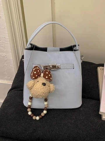 Women's PU Leather Bucket Bag Minimalist Solid Color Handheld Shoulder Crossbody Bag With Plush Bear Pendant Retro Fashion