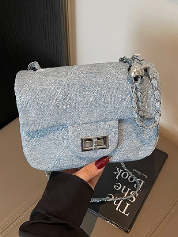 Women Quilted Chain Shoulder Bag Denim Tweed Fabric Diamond Lattice Square Lock Adjustable Ball Strap Crossbody Handbag