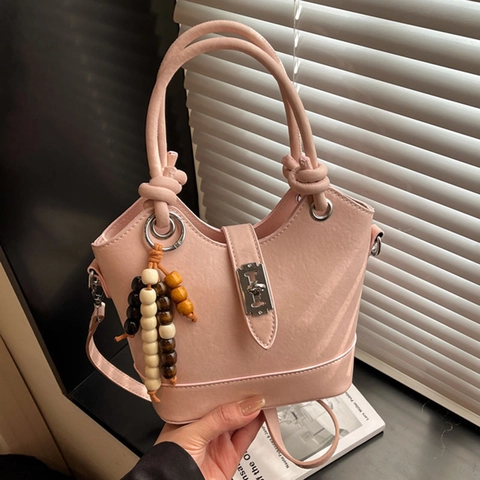 Vintage PU Leather Bucket Bag For Women Fashion Large Capacity Color Block Crossbody Bag With Wooden Bead Charm Handbag