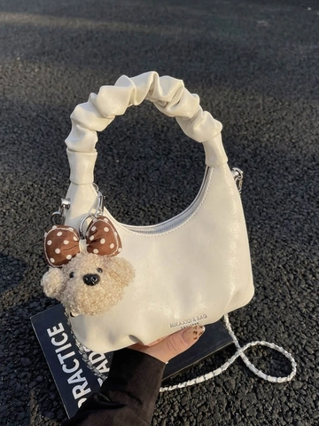 Women Ruched Handle Hobo Bag Small PU Leather Crossbody Shoulder Bag With Plush Bear Charm Silver Chain Strap Solid Color Trendy Handbag