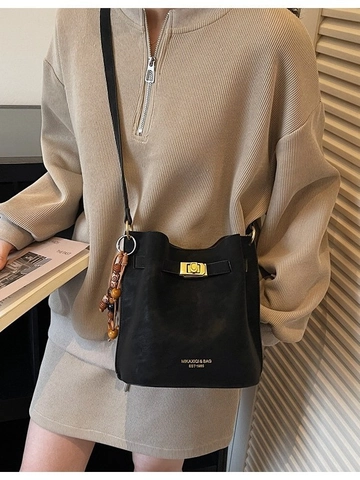 Borsa a Secchiello da Donna in Pelle PU Casual Pendaglio in Perline di Legno Vintage Chiusura in Metallo Tracolla Daily Travel