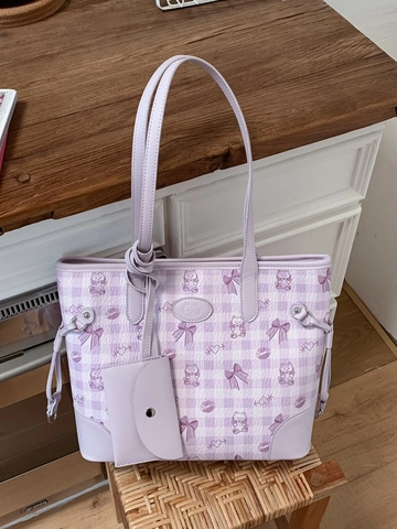 Women Large Capacity Plaid Tote Bag With Sub Bag Sweet Girly PU Leather Cartoon Cat Bear Pattern Shoulder Bag For Commuting