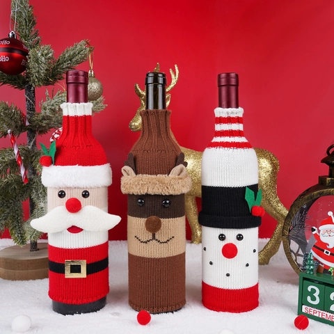Knitted Christmas Wine Bottle Covers Santa Claus Snowman Reindeer Festive Holiday Party Dining Table Decoration Bottle Sweaters Decor