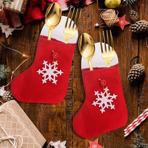 Rote Filz Weihnachtssocken Besteckhalter Schneeflockenmuster Tischdeko Kleine Geschenktüte Für Holiday Party Home Tischdekoration