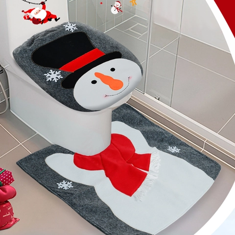 Housse De Toilette Et Tapis De Noël Motif Père Noël Bonhomme De Neige Renne Déco De Salle De Bain Festive Polyester