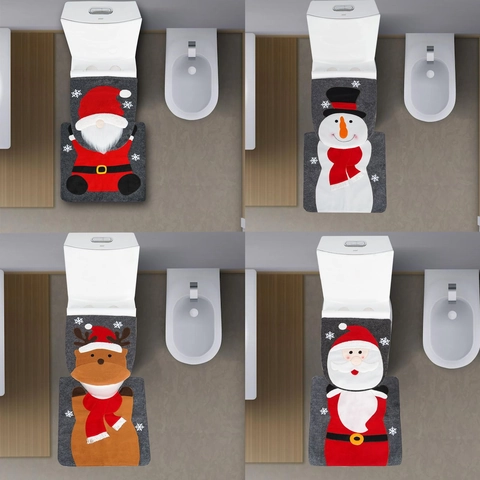 Christmas Toilet Seat Cover And U-Shaped Rug Santa Snowman Reindeer Gnome Design Festive Bathroom Decor Holiday Home Ornament