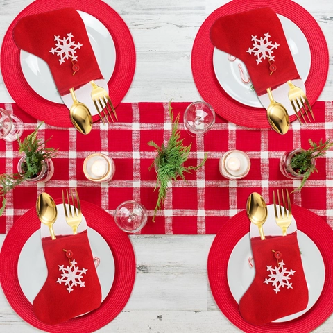 Rote Filz Weihnachtssocken Besteckhalter Schneeflockenmuster Tischdeko Kleine Geschenktüte Für Holiday Party Home Tischdekoration