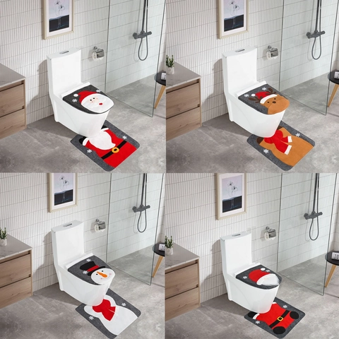 Christmas Toilet Seat Cover And U-Shaped Rug Santa Snowman Reindeer Gnome Design Festive Bathroom Decor Holiday Home Ornament