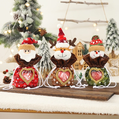 Christmas Drawstring Gift Bag With Transparent Heart Window Plush Santa Snowman Reindeer Holiday Candy Packaging Party Favor
