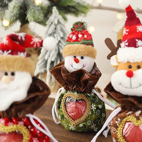 Christmas Drawstring Gift Bag With Transparent Heart Window Plush Santa Snowman Reindeer Holiday Candy Packaging Party Favor