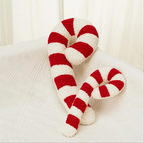 Cuscino Peluche a Forma di Bastoncino di Zucchero Natalizio in Sherpa a Strisce Bianche e Rosse per Arredamento Casa Regalo
