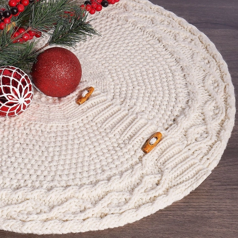 Falda De Árbol De Navidad De Punto Trenzado Con Botones De Madera Redonda Mini Decoración De Fiesta Para Árboles Pequeños
