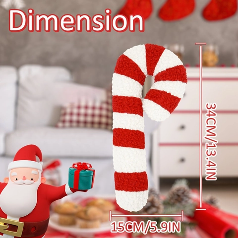 Cuscino Peluche a Forma di Bastoncino di Zucchero Natalizio in Sherpa a Strisce Bianche e Rosse per Arredamento Casa Regalo