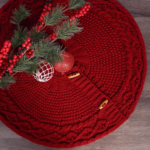 Falda De Árbol De Navidad De Punto Trenzado Con Botones De Madera Redonda Mini Decoración De Fiesta Para Árboles Pequeños