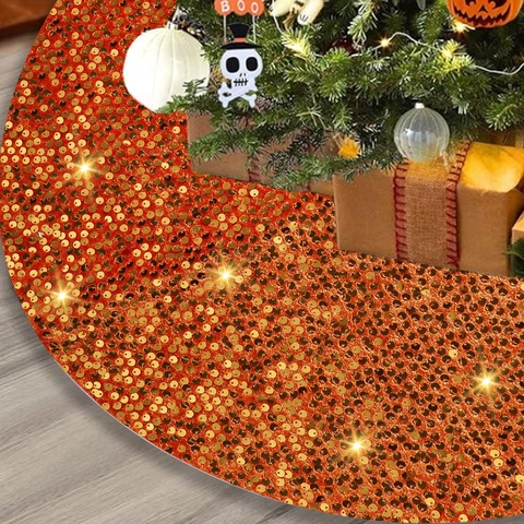 Orange Sequin Christmas Tree Skirt Shimmering Halloween Party Tree Floor Mat Festive Home Decor Round Decoration Ornament