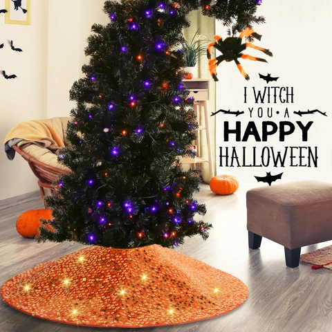 Orange Sequin Christmas Tree Skirt Shimmering Halloween Party Tree Floor Mat Festive Home Decor Round Decoration Ornament