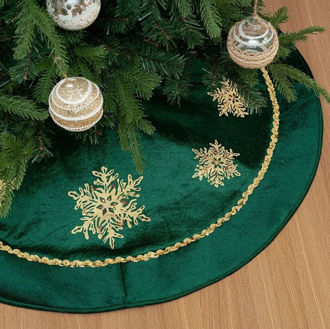 Luxus Dunkelgrün Samt Weihnachtsbaumdecke Mit Gold Pailletten Schneeflocke Stickerei Rund Weihnachtsbaum Matte Für Dekor