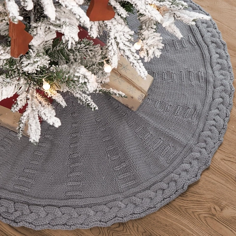 Falda de Árbol de Navidad con Punto de Ocho Gris Redonda Poliéster Cubierta de Base para Árbol Decoración del Hogar