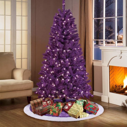 Walking In A Winter Wonderland Christmas Tree Skirt Purple Plush Faux Fur Snowflake Embroidery Xmas Tree Base Mat For Holiday Decor