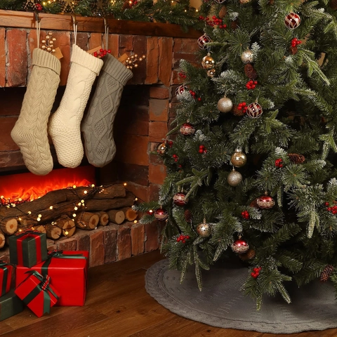 Falda de Árbol de Navidad con Punto de Ocho Gris Redonda Poliéster Cubierta de Base para Árbol Decoración del Hogar