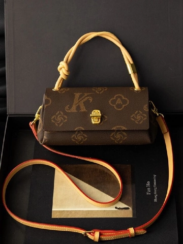 Vintage Monogram Letter Pattern Small Square Shoulder Bag For Women Retro PU Leather Handbag With Metal Lock And Adjustable Strap