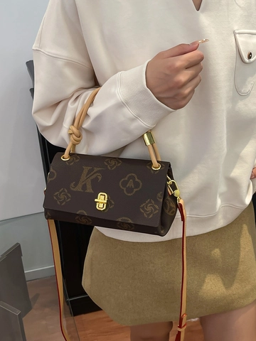 Vintage Monogram Letter Pattern Small Square Shoulder Bag For Women Retro PU Leather Handbag With Metal Lock And Adjustable Strap