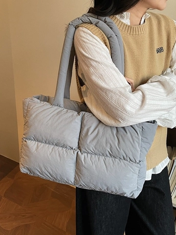 Large Capacity Quilted Puffer Tote Bag For Women Soft Padded Nylon Shoulder Bag Fashion Solid Color Casual Work Commute Handbag