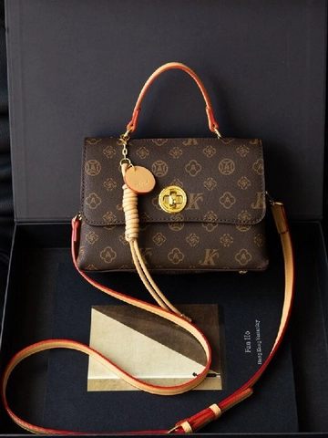 Vintage Monogram Print Small Square Bag For Women PU Leather Retro Shoulder Crossbody Bag With Gold Rotating Lock Tassel Charm
